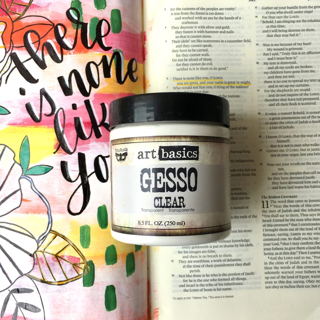 Protecting your thin journaling Bible pages from bleed-through and tearing is a really easy and quick step to take! Learn what gesso is, and how to use it to prep your Bible page for Bible art journaling in this post! 