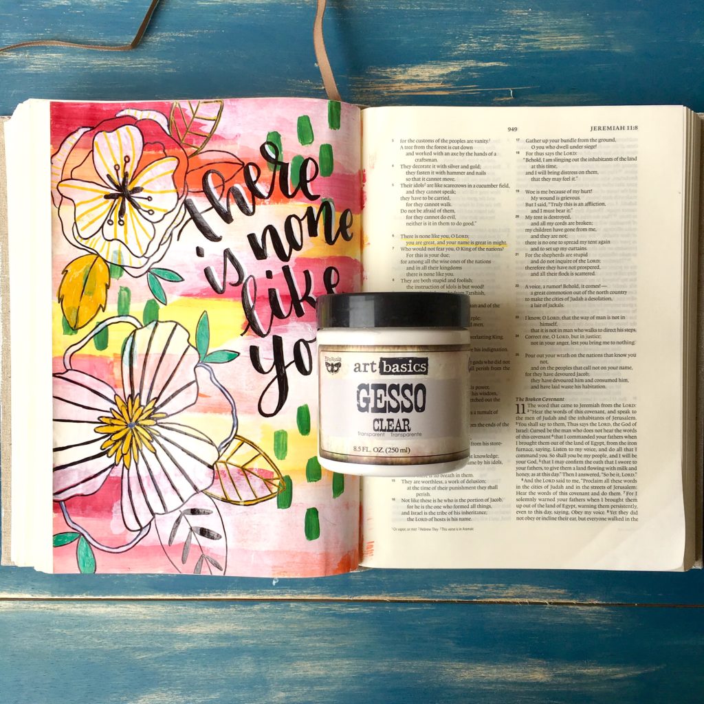 Protecting your thin journaling Bible pages from bleed-through and tearing is a really easy and quick step to take! Learn what gesso is, and how to use it to prep your Bible page for Bible art journaling in this post!  