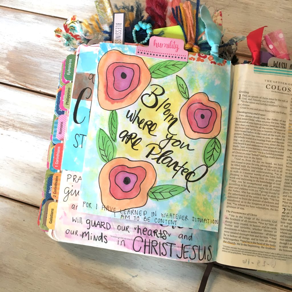 Tip-ins are an easy and quick way to add extra space and pieces of art into your bible journaling. This free printable is a great place to start. Just cut them out and adhere them with tape or glue! 