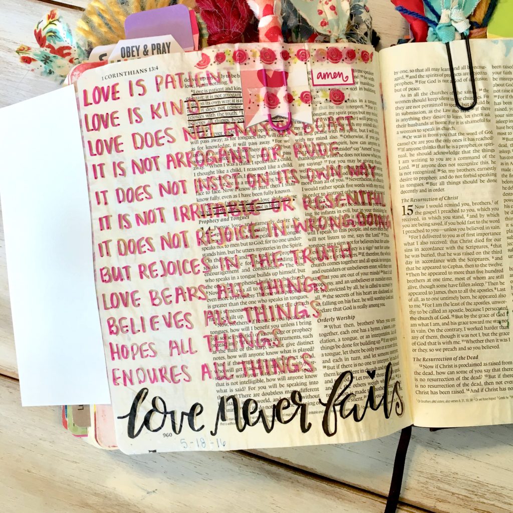 Tip-ins are an easy and quick way to add extra space and pieces of art into your bible journaling. This free printable is a great place to start. Just cut them out and adhere them with tape or glue! 