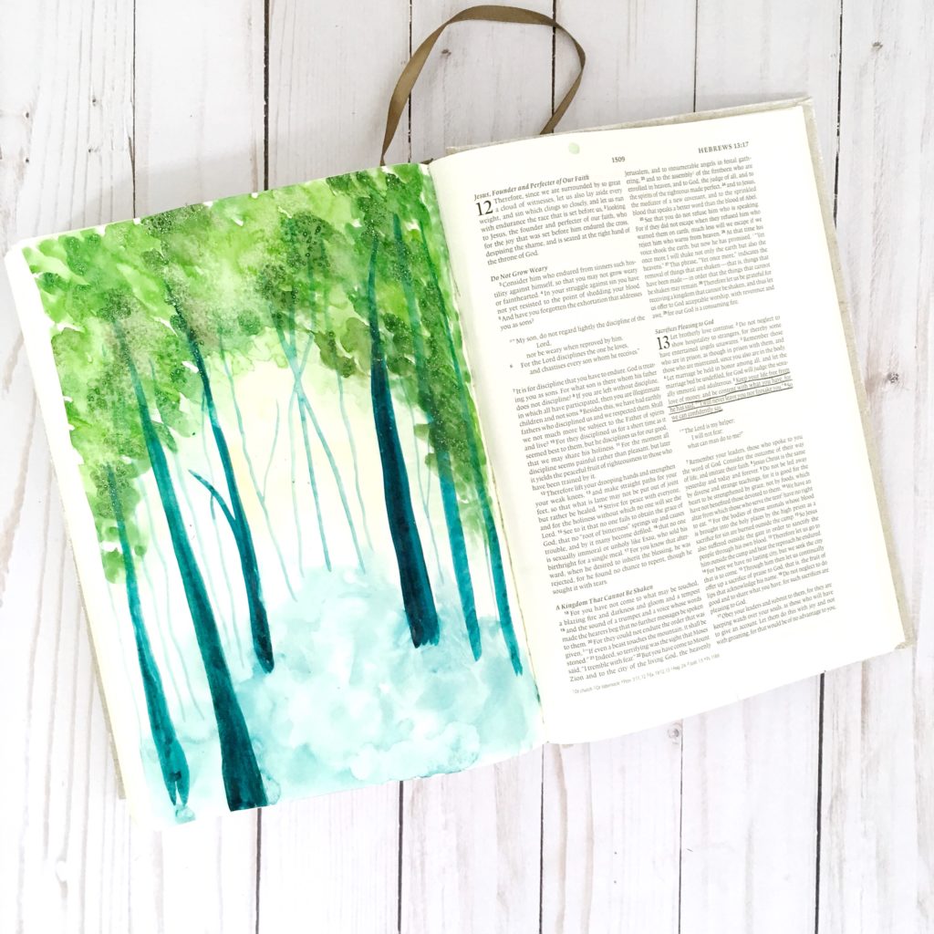 Easy watercolor forest bible journaling tutorial- with free printable!