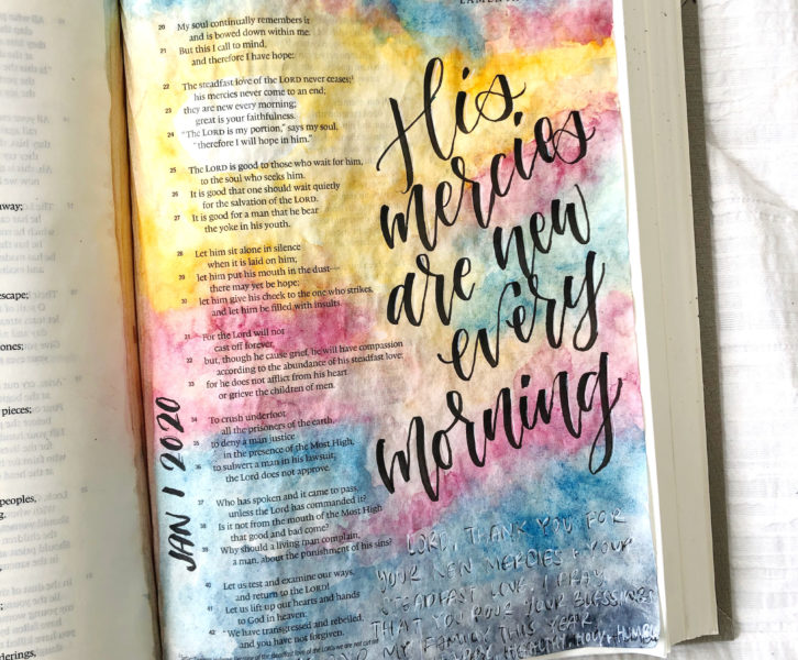 Scribbling Grace Bible Journaling Tutorial- New Years Watercolor Sunrise. Lamentations 3:22-23