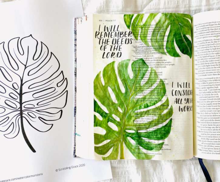 Watercolor Monstera Bible Journaling Tutorial By Scribbling Grace- Includes A Free Printable!!