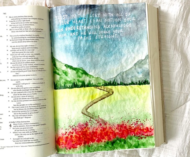 Watercolor Landscape- Bible Journaling With Me Tutorial By Scribbling Grace. Proverbs 3:5-6