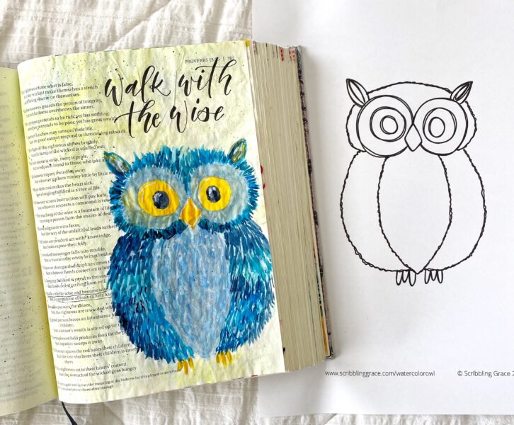 How To Paint A Watercolor Owl- With A Free Printable. Bible Journaling With Scribbling Grace. Proverbs 13:20