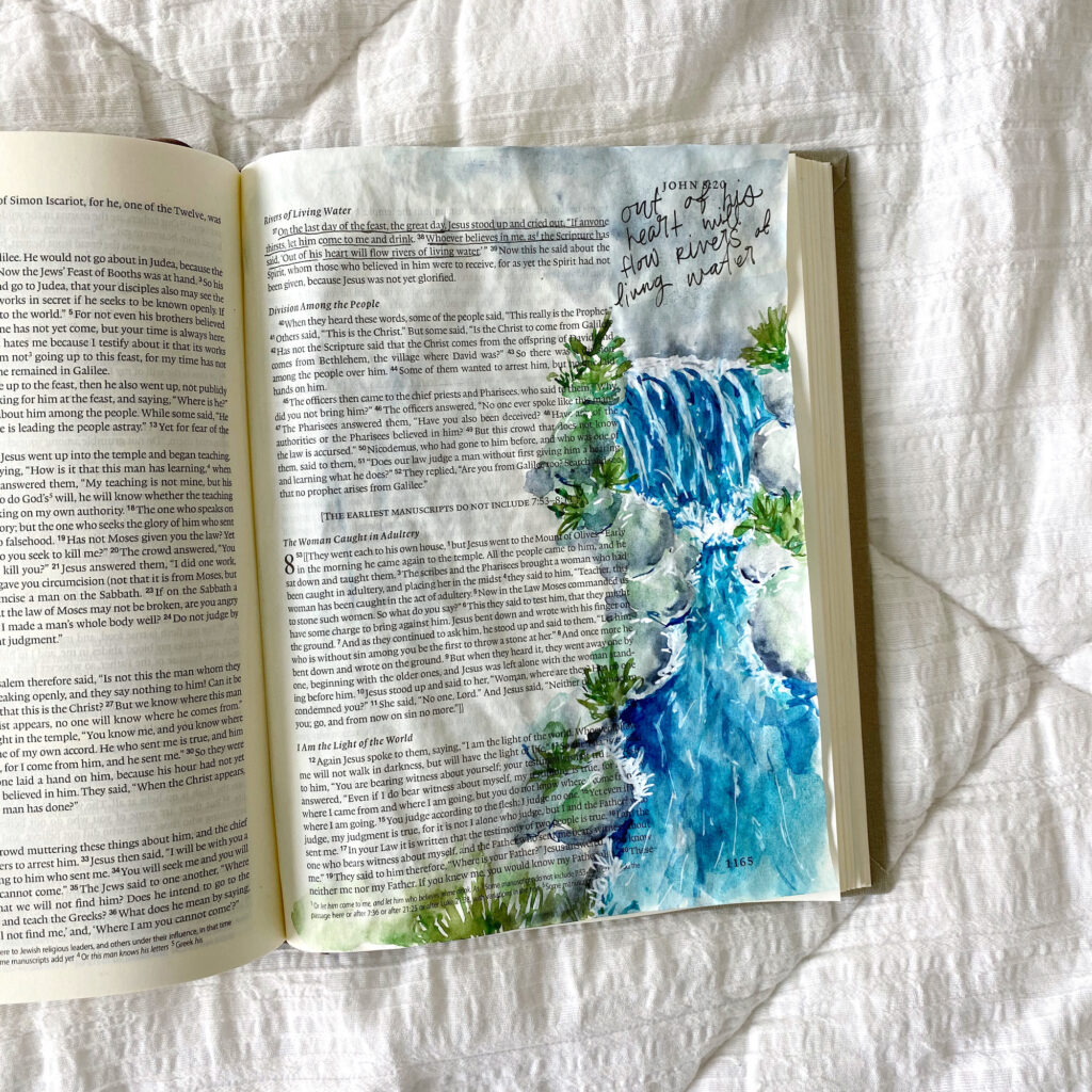 Watercolor Waterfall Bible Journaling Tutorial With Free Printable. John 7: 37-38.
