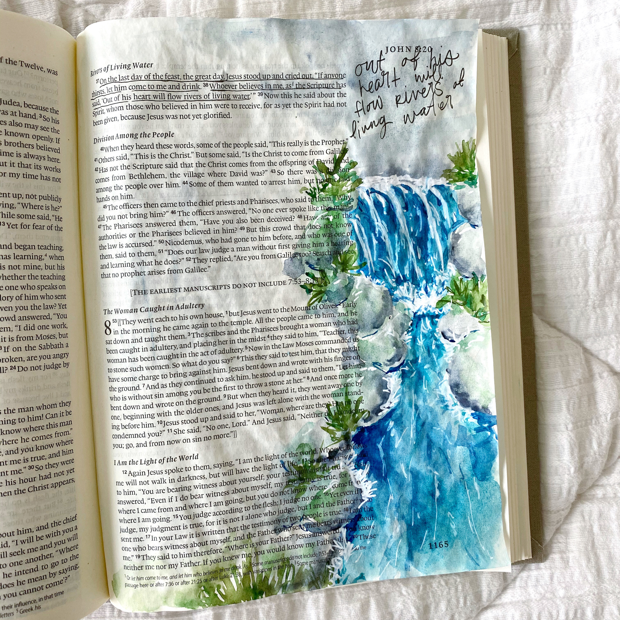 Watercolor Waterfall Bible Journaling Tutorial With Free Printable. John 7: 37-38.