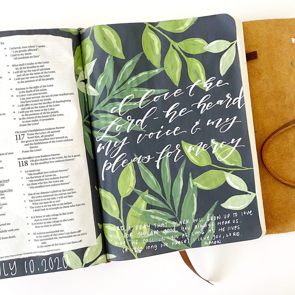 Acrylic Leaves Bible Journaling With Me Tutorial. Scribbling Grace. Psalm 116:1