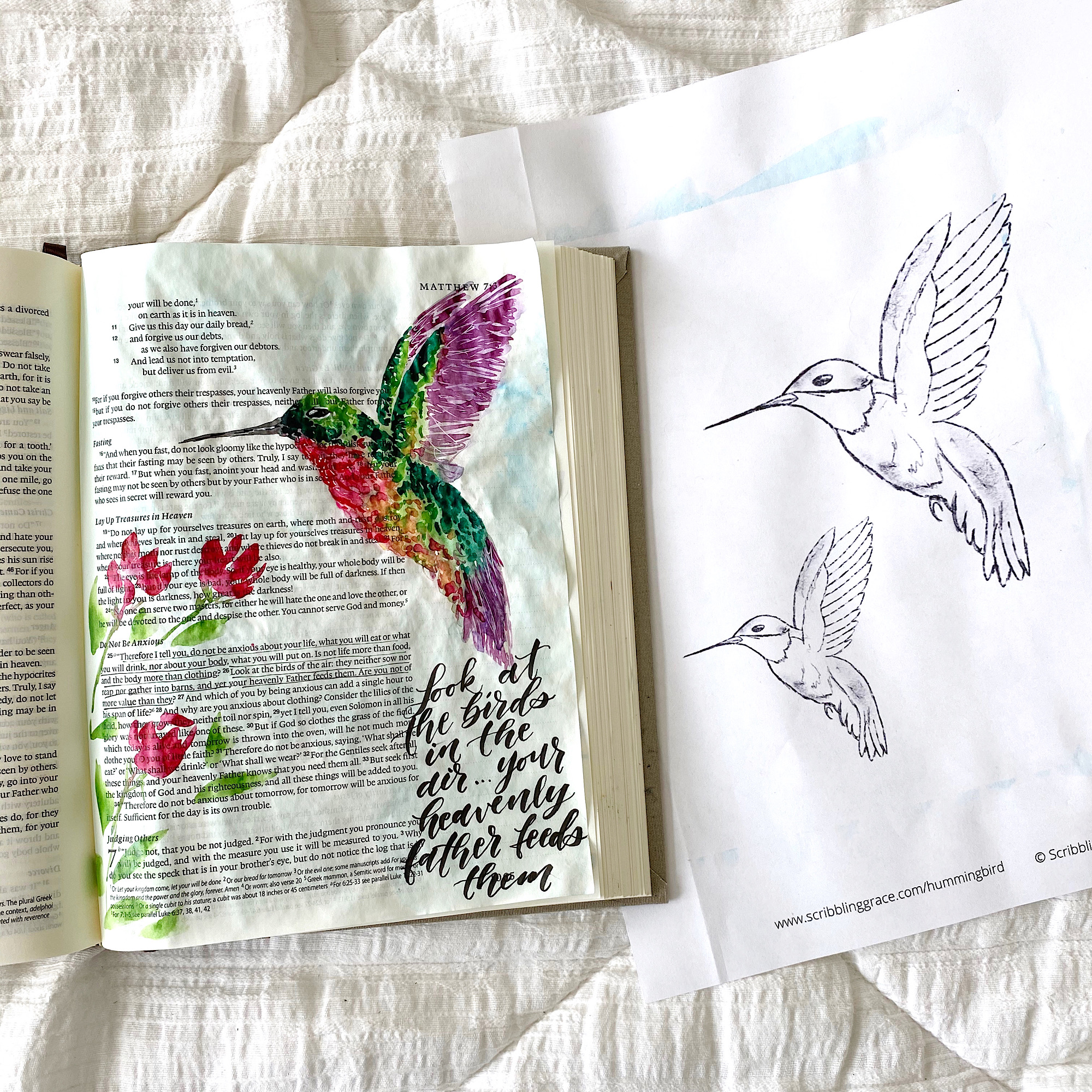 Watercolor Hummingbird Bible Journaling Tutorial- With A Free Printable! Matthew 6:25-26