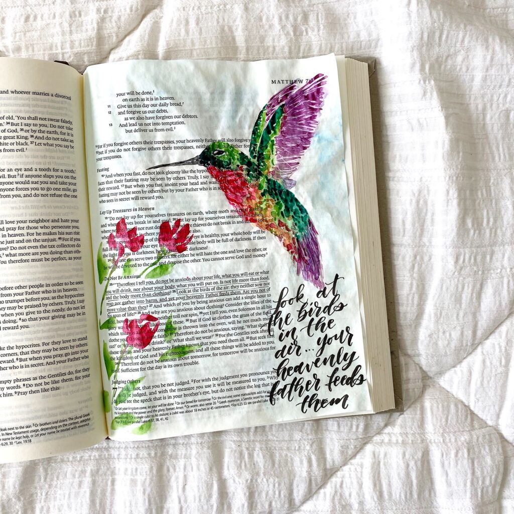 Watercolor Hummingbird Bible Journaling Tutorial- With A Free Printable! Matthew 6:25-26