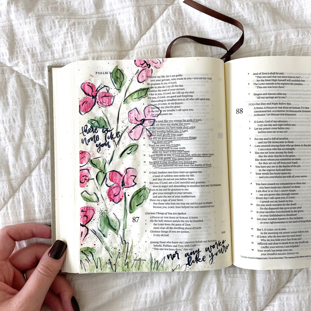 Bible Journaling For Beginners- Easy Abstract Outlined Florals Tutorial By Scribbling Grace. Psalm 86:8