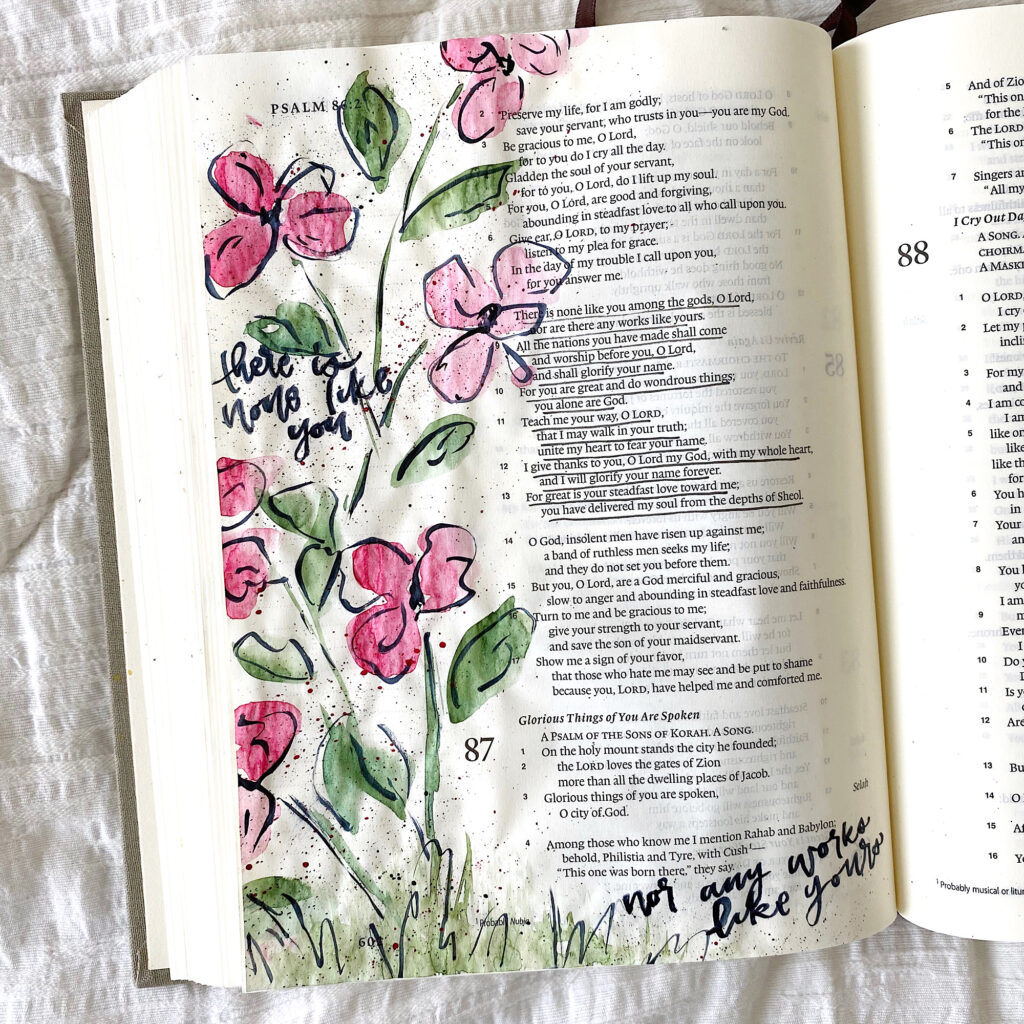 Bible Journaling For Beginners- Easy Abstract Outlined Florals Tutorial By Scribbling Grace. Psalm 86:8