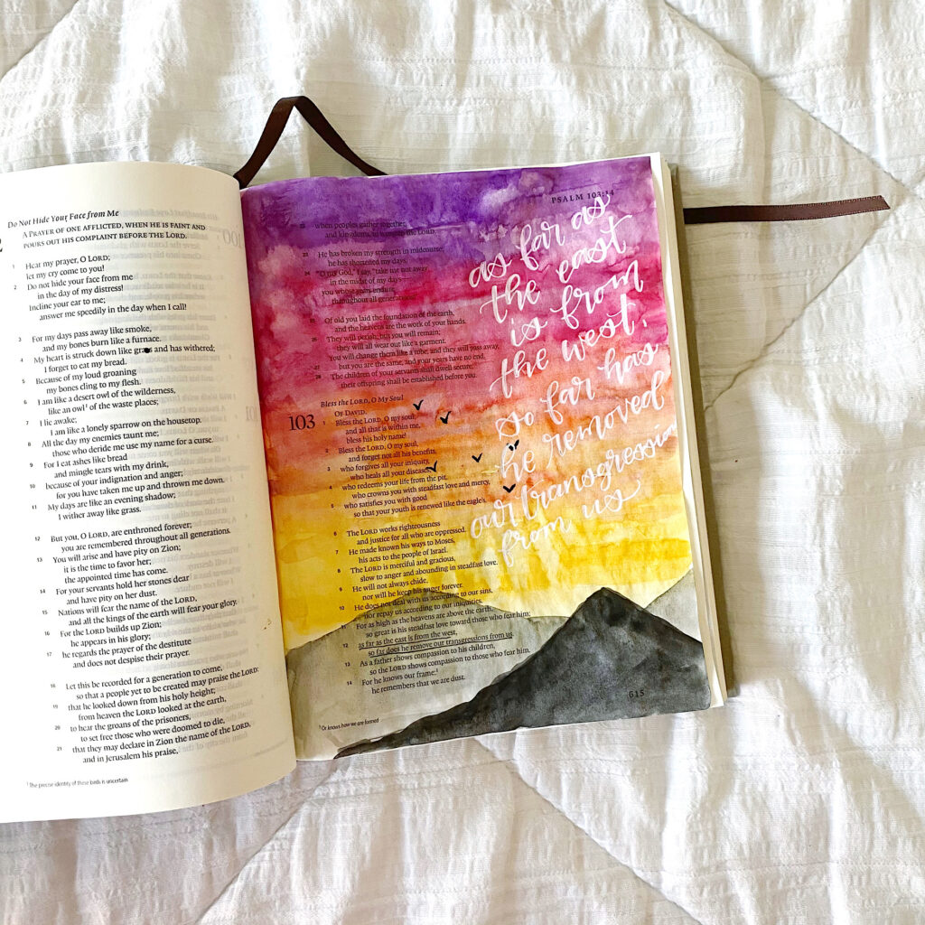 How To Paint An Easy Watercolor Sunset Mountain Landscape. Bible journaling tutorial by Scribbling Grace