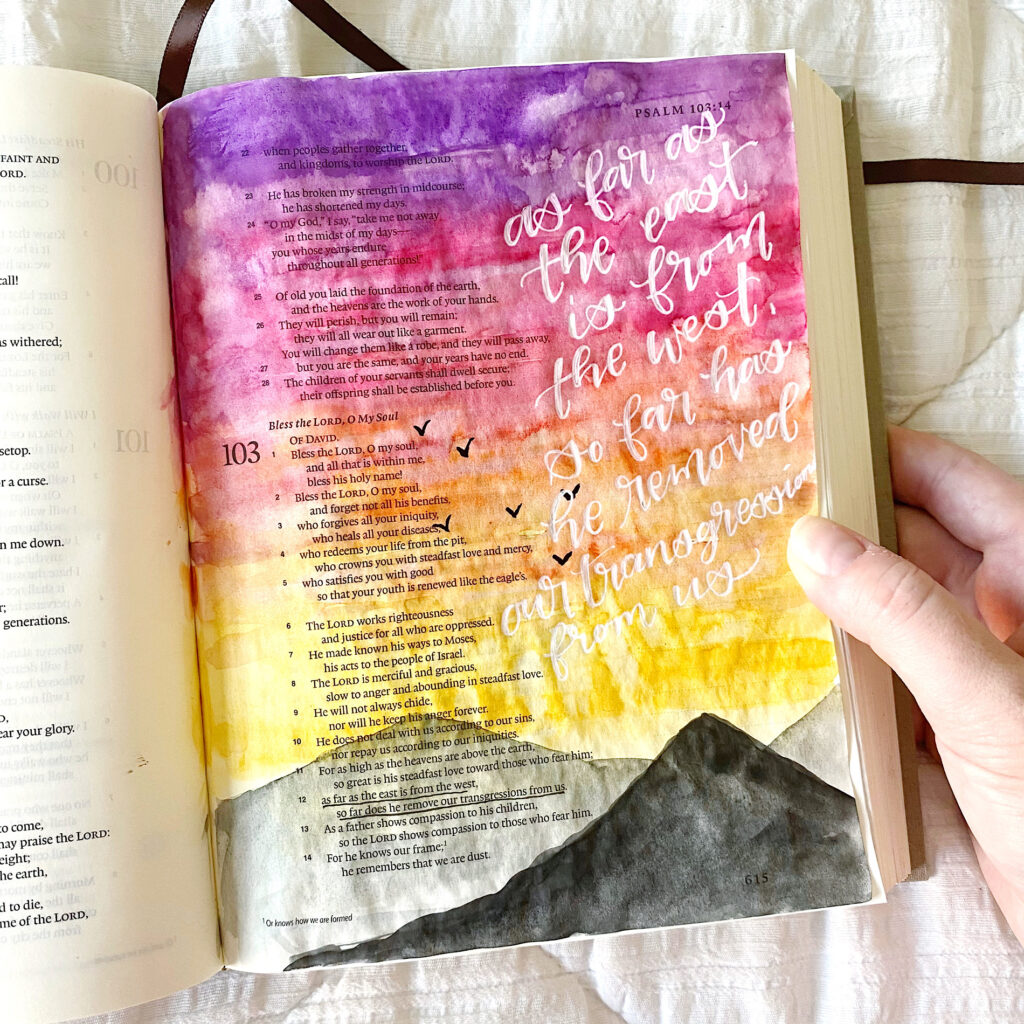 How To Paint An Easy Watercolor Sunset Mountain Landscape. Bible journaling tutorial by Scribbling Grace