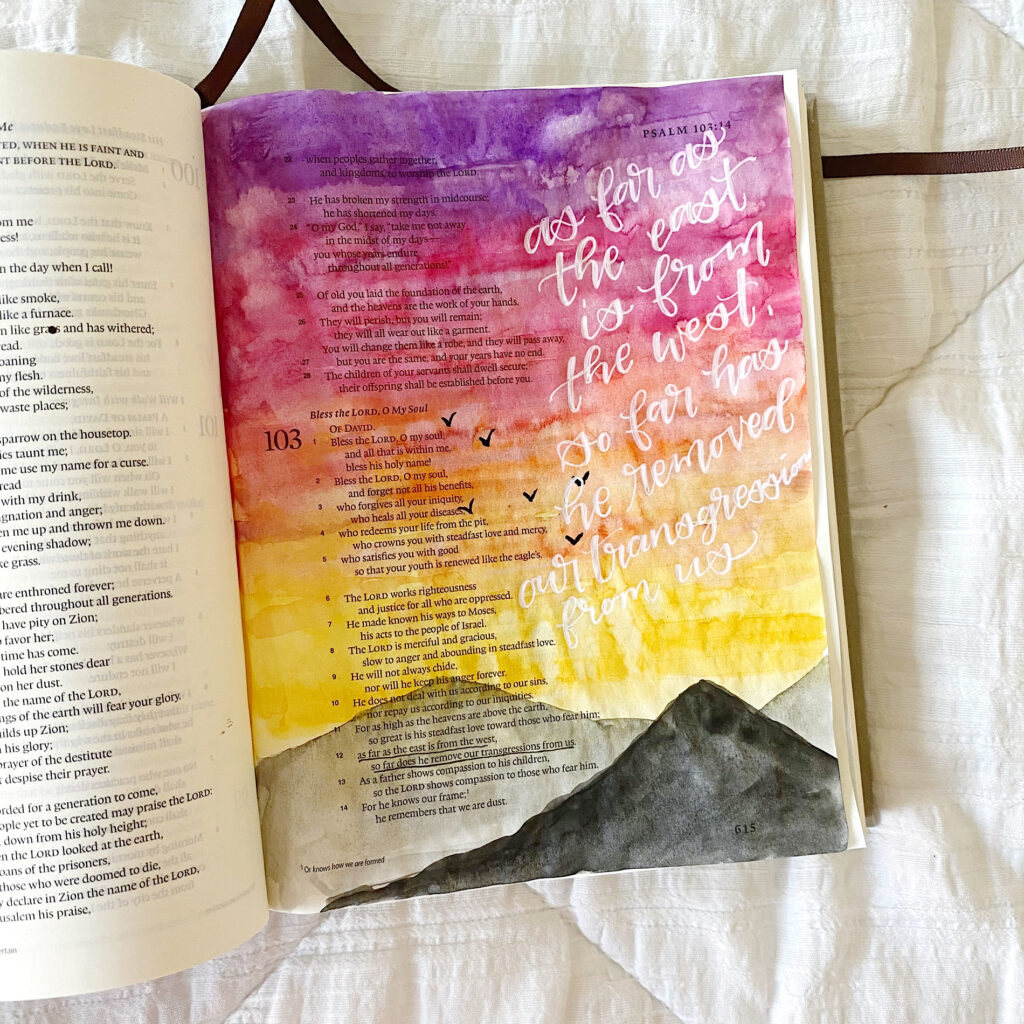 How To Paint An Easy Watercolor Sunset Mountain Landscape. Bible journaling tutorial by Scribbling Grace
