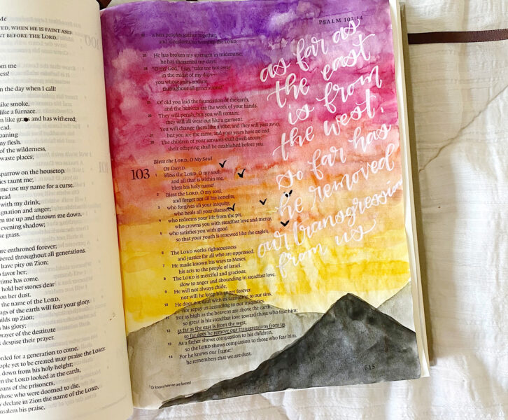 How To Paint An Easy Watercolor Sunset Mountain Landscape. Bible journaling tutorial by Scribbling Grace