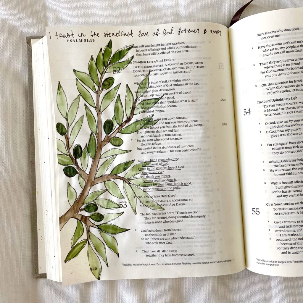 Scribbling Grace olive branch bible journaling tutorial with a free printable