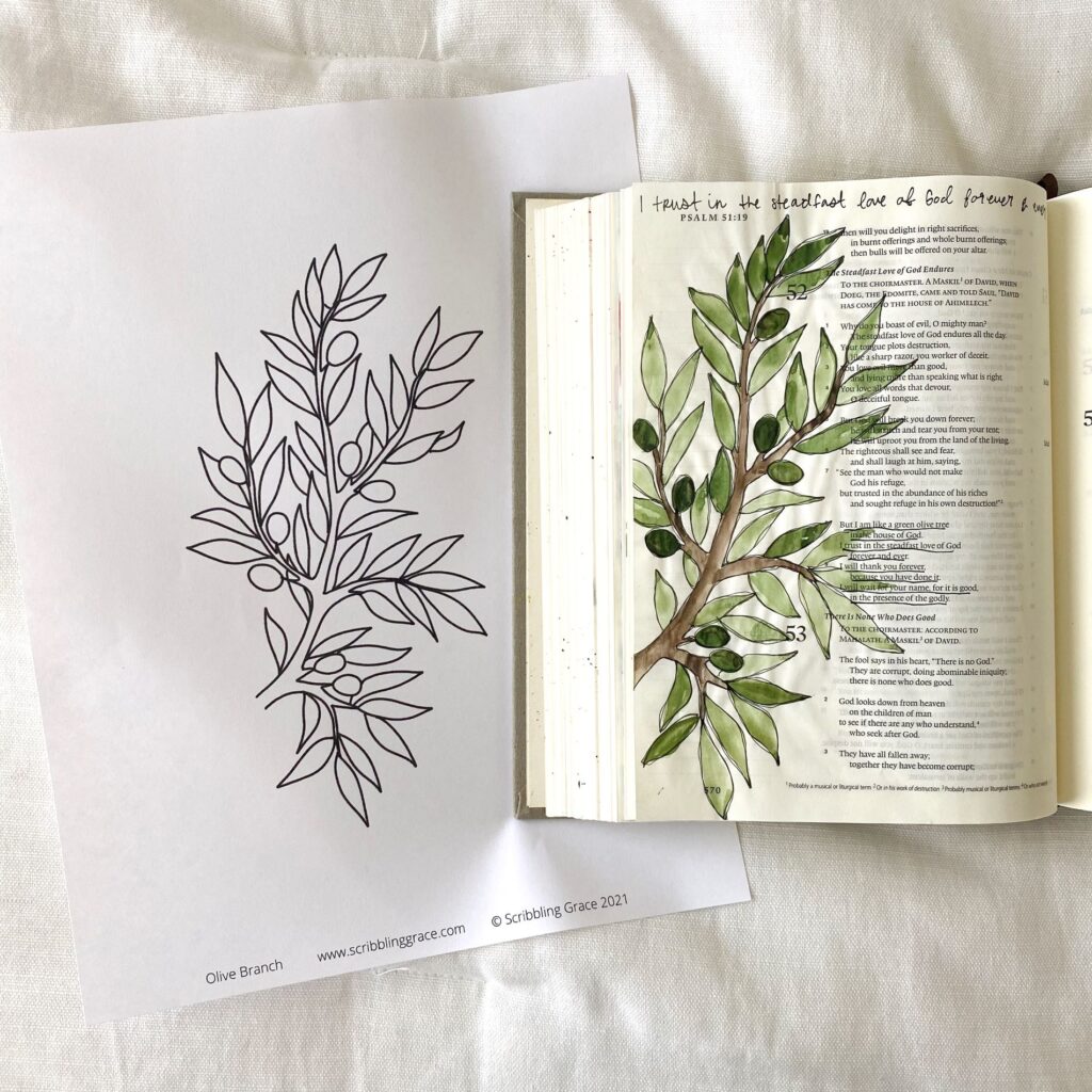 Scribbling Grace olive branch bible journaling tutorial with a free printable