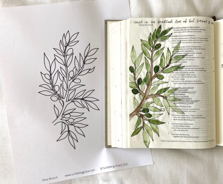 Scribbling Grace olive branch bible journaling tutorial with a free printable