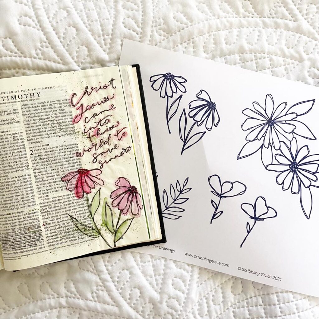 Simple floral sketch free printable by Scribbling Grace. Bible journaling freebie