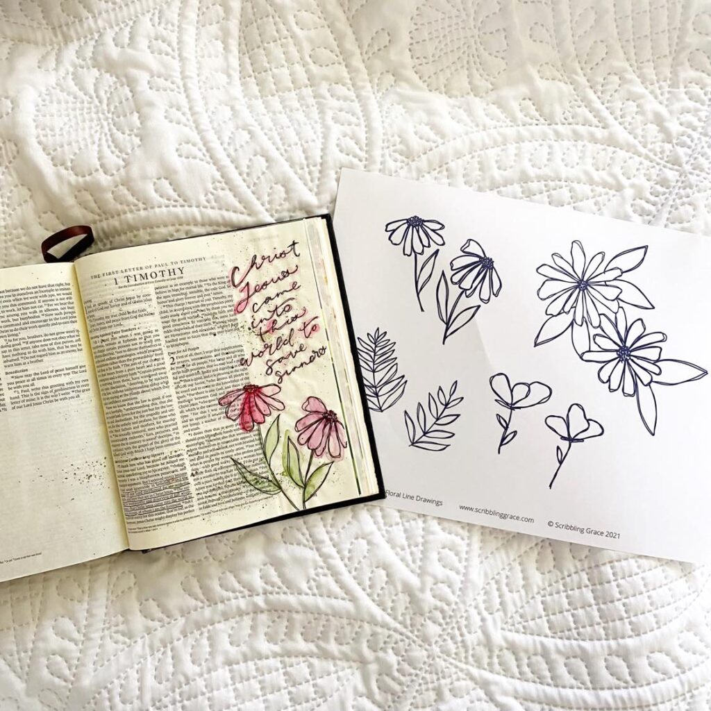 Simple floral sketch free printable by Scribbling Grace. Bible journaling freebie